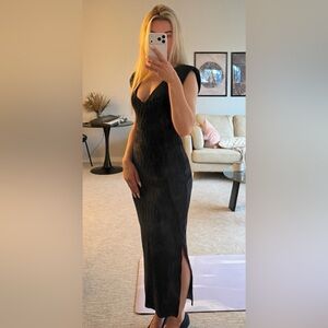 ASTR Black Satin Maxi Dress S | V-Neck | Side Slit | Evening